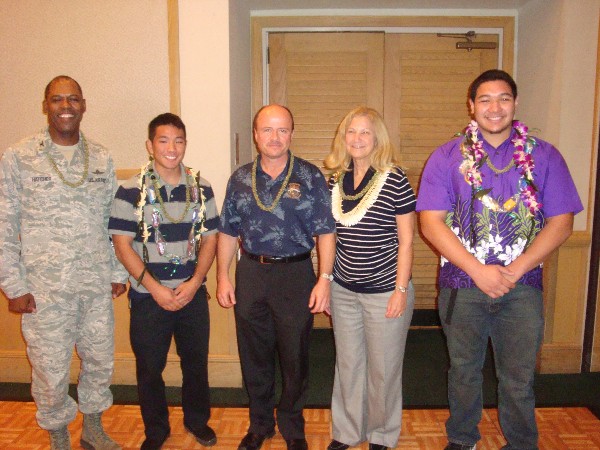 Award recipients together at the January luncheon are (l-r) Col. Arthur G. Hatcher, USAF, Senior Government Leader of the Month; Kyle Ishikawa, Student of the Month; Lt. Cmdr. Alan Dunston, USN (Ret.), AFCEAN of the Month; Joy Hess, Senior Executive of the Month; and James Kela Grace, Student of the Month.